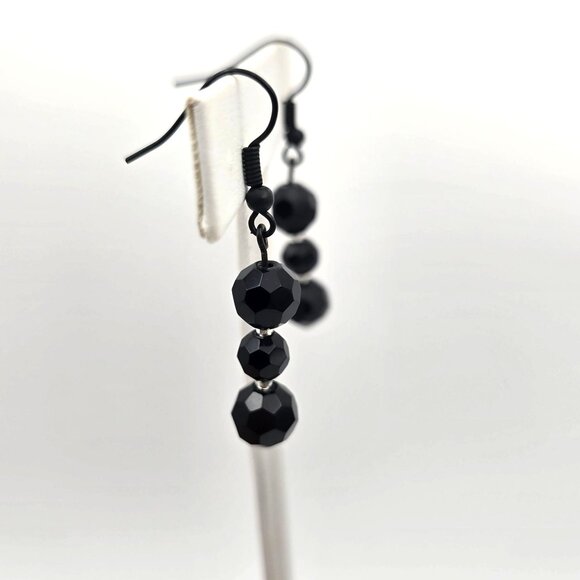 Women's Black Geometric Cut Glass Beaded Dangle Drop Hook Earrings - Picture 4 of 5
